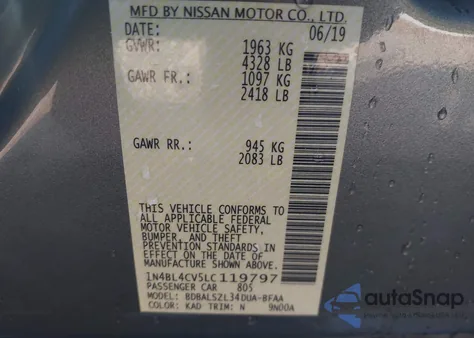 2020 Nissan Altima Sr Fwd из США, поврежденный, VIN 1N4BL4CV5LC119797